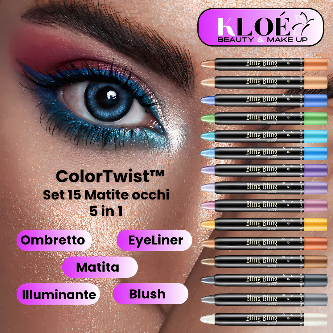 🔥 ColorTwist™: Set 15 Matite Occhi 5-in-1 Colorate & Glitter Waterproof