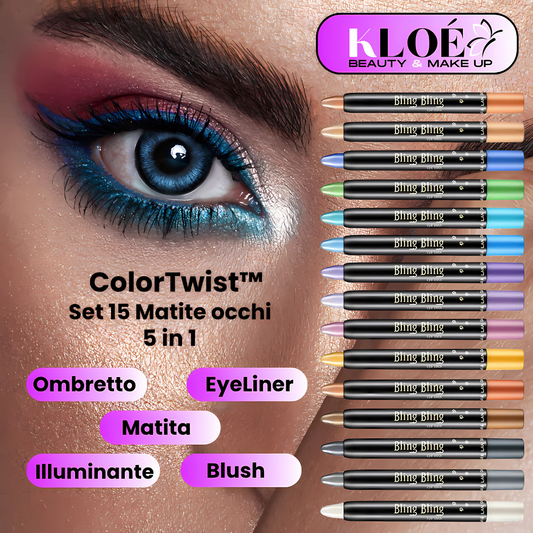 🔥 ColorTwist™: Set 15 Matite Occhi 5-in-1 Colorate & Glitter Waterproof